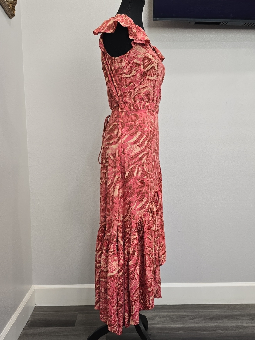 NWT Z&L Floral Pink High-Low Wrap Maxi Dress Ruffle Shoulder S - Picture 7 of 12